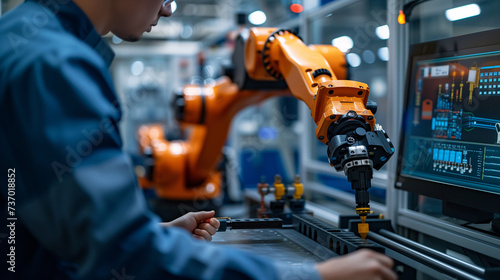 Engineer working with a robot arm in a high-tech manufacturing plant.