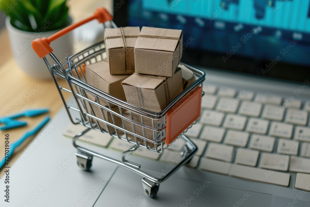 Shopping cart filled with boxes is seen sitting on top of laptop. This image can be used to represent online shopping or e-commerce