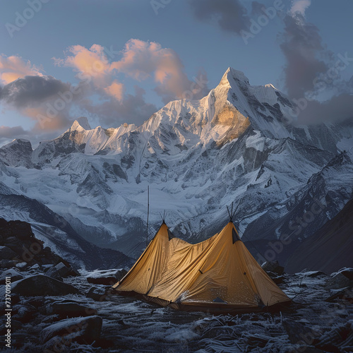 tent in the mountains at sunset, base camp, camping in the mountains, Himalaya 