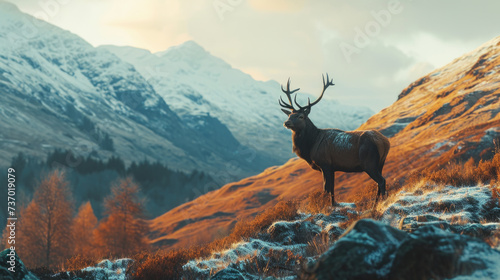 Deer standing on top of snow covered hillside. Perfect for winter-themed designs and nature-related projects