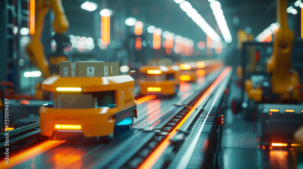 Automated Guided Vehicles (AGVs) transport packages efficiently ...