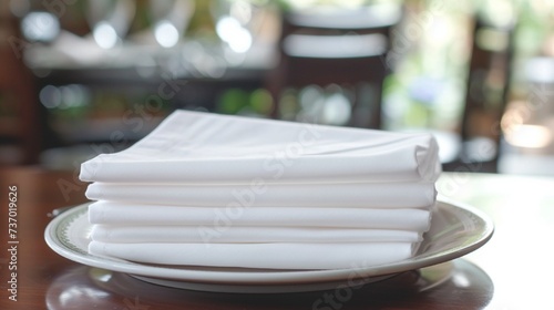 A stack of white cotton napkins neatly folded and placed on a dining table for a formal dinner