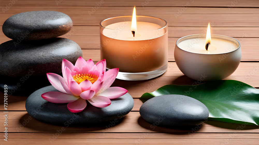 zen stones with a candle and a lotus flower, a mockup, a space for copying zen stones with a candle and a lotus flower, a mockup, a space for copying