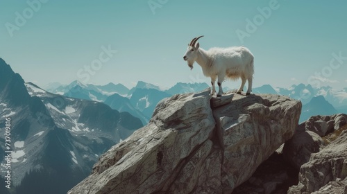 Mountain Goat on Rocky Ledge - Majestic Scene of Mountain Goat standing on High Rocky Ledge - Panoramic View of Mountain stretching into Distance under clear Sky created with Generative AI Technology