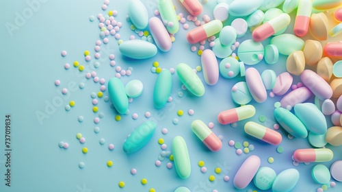 Colorful pills on blue background. Top view with copy space