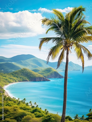 Turquoise Caribbean Shorelines Overlooking Ocean: Rolling Hills Backdrop