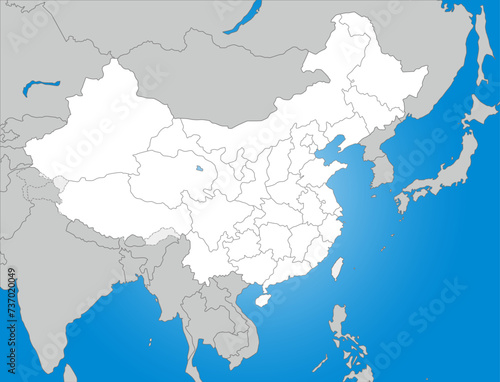 中国、台湾と周辺国の白地図、国境線、省の境界線入り