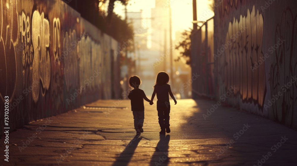 Obraz premium silhouette of children, a boy and a girl, walking along the street with walls covered in graffiti, street life idea