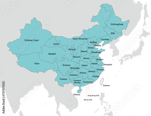 中国と台湾の地図、省の境界線、香港、マカオ、英語の地名入り photo
