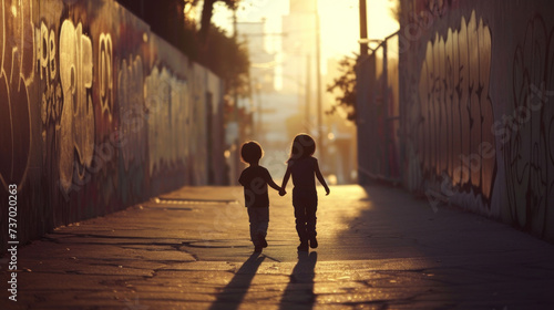 silhouette of children, a boy and a girl, walking along the street with walls covered in graffiti, street life idea
