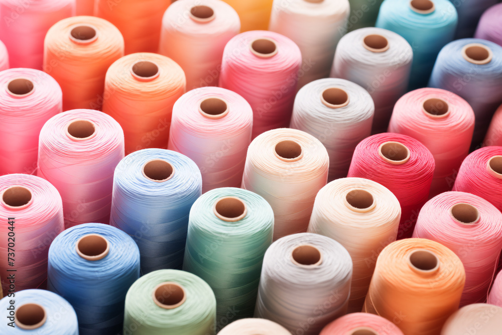 Many different pastel colored reels with sewing yarn Many different pastel colored reels with sewing yarn