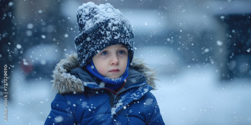 Small child wearing blue jacket and hat, standing in snow. Suitable for winter-themed projects Small child wearing blue jacket and hat, standing in snow. Suitable for winter-themed projects