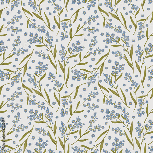 Forget-me-not floral seamless pattern. Delicate tiny blue watercolor flowers repeated background in soft neutral colors. Pretty elegant botanical illustration for bedding, nursery textile, fabrics