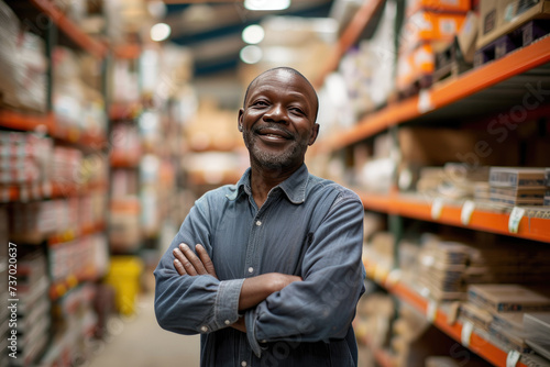 Smiling middle-aged African man in a hardware warehouse, standing with arms folded in the middle of a building materials aisle photo