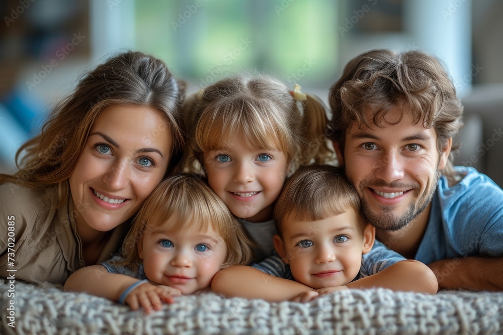 A happy and affectionate family portrait, with big smiles, lying together on a bed at home. A happy and affectionate family portrait, with big smiles, lying together on a bed at home.