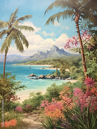 Turquoise Caribbean Shorelines Vintage Painting: Coastal Paradise Delights