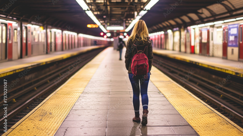 Woman with backpack is seen walking down train platform. This image can be used to depict travel, commuting, or transportation