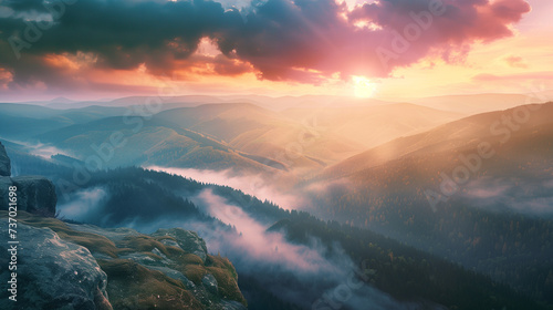 The misty panorama unveils a beautiful sunrise casting its glow upon the rocky mountains, offering a view of the foggy valley below. photo