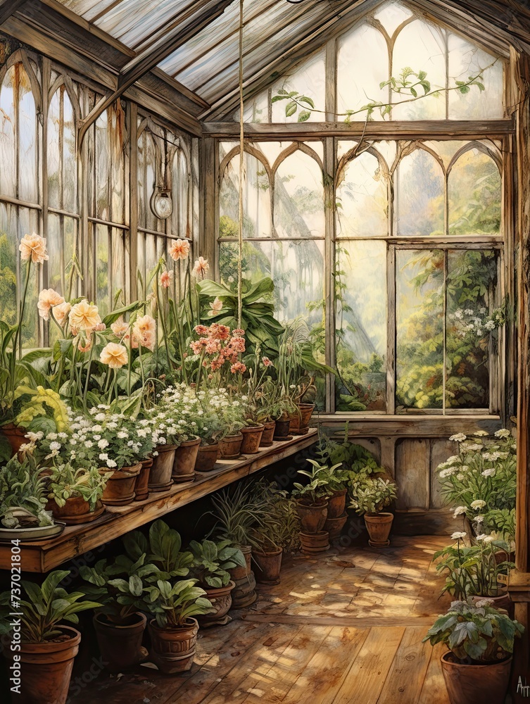 Victorian Greenhouse Botanicals: Rustic Country Painting of a Greenhouse in a Serene Natural Setting