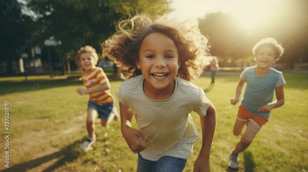 Fototapeta premium Children running in park. Suitable for outdoor activities and children's playtime