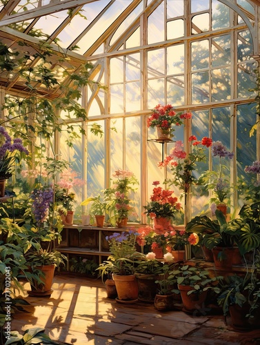 Victorian Greenhouse Botanicals: Dawn Painting Capturing Early Light in Greenhouse
