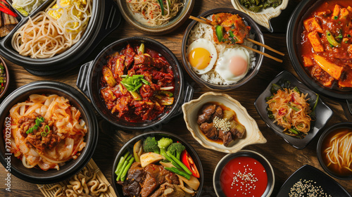 Collection of various Asian food dishes served in bowls on table. Perfect for showcasing diversity and flavors of Asian cuisine.