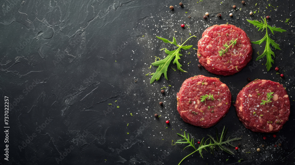 Mince beef Meat, raw meat cutlets. Top view. Space for text. Raw ground beef burger patties on a black background. Patty of minced meat for burger. Black background. Top view. Copy space Mince beef Meat, raw meat cutlets. Top view. Space for text. Raw ground beef burger patties on a black background. Patty of minced meat for burger. Black background. Top view. Copy space