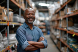 Smiling middle-aged African man in a hardware warehouse, standing with arms folded in the middle of a building materials aisle