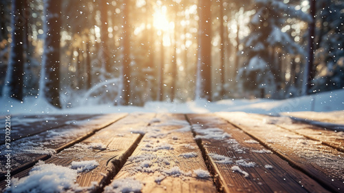 Wooden deck covered in snow, creating serene winter scene. Perfect for winter-themed designs and advertisements