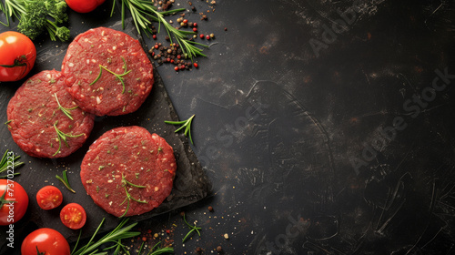 Mince beef Meat, raw meat cutlets. Top view. Space for text. Raw ground beef burger patties on a black background. Patty of minced meat for burger. Black background. Top view. Copy space