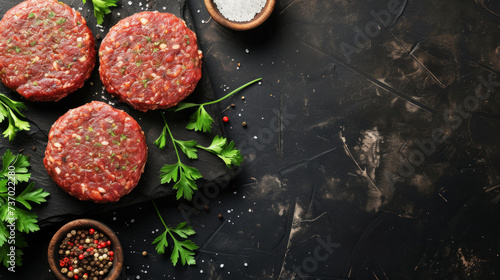 Mince beef Meat, raw meat cutlets. Top view. Space for text. Raw ground beef burger patties on a black background. Patty of minced meat for burger. Black background. Top view. Copy space photo