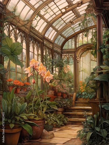 Victorian Greenhouse Botanicals: Earth-Toned Natural Hues in an Artistic Greenhouse