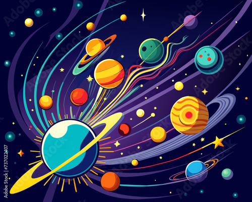 space background comet meteor shower sky stars planet futuristic science bright beautiful vector illustration