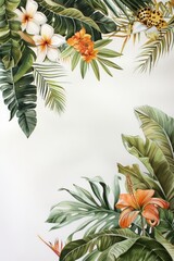 Papier peint photo Jungle Bordure feuilles exotiques fleurs aquarelle délicates  © ran