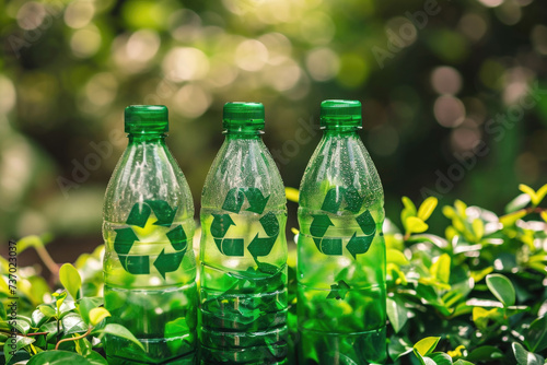 Plastic bottles of water sitting on lush green field. Suitable for environmental and sustainability concepts