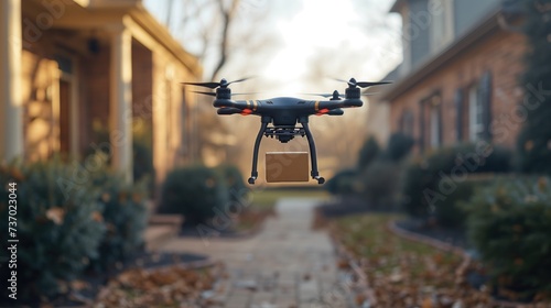 the future of delivery services with an image of drones and quadcopters soaring through the sky, carrying packages and food orders to their destinations