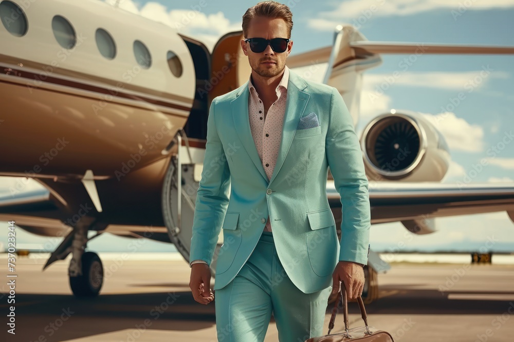 Well dressed man with sunglasses carrying a briefcase walks on the tarmac away from a luxurious private jet. - obrazy, fototapety, plakaty 