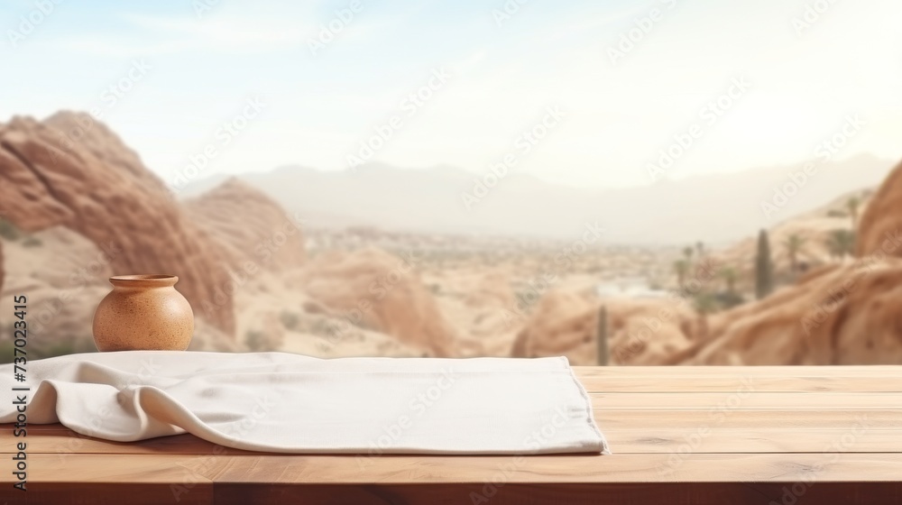 Fototapeta premium Empty marble table with Islamic landscape banner.