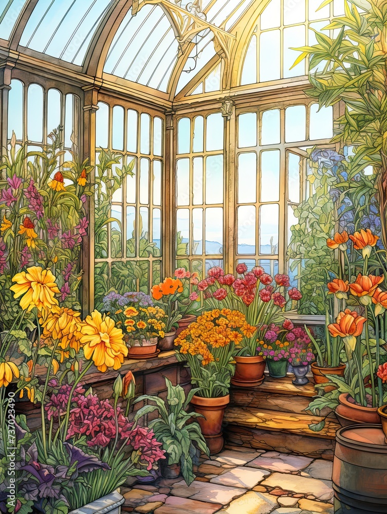 Victorian Greenhouse Botanicals: Modern Landscape Scenes in Contemporary Greenhouses.