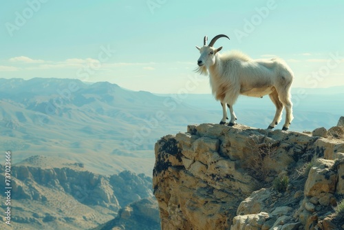 Mountain Goat on Rocky Ledge - Majestic Scene of Mountain Goat standing on High Rocky Ledge - Panoramic View of Mountain stretching into Distance under clear Sky created with Generative AI Technology