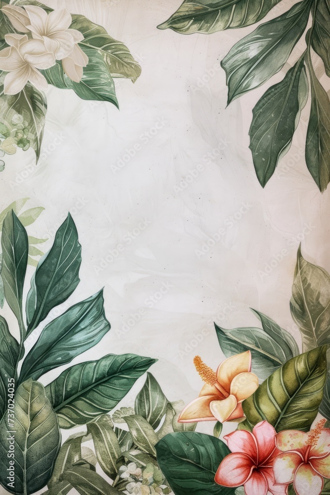Fototapeta premium Exotic Tropical Leaves Watercolor Border with Delicate Flowers