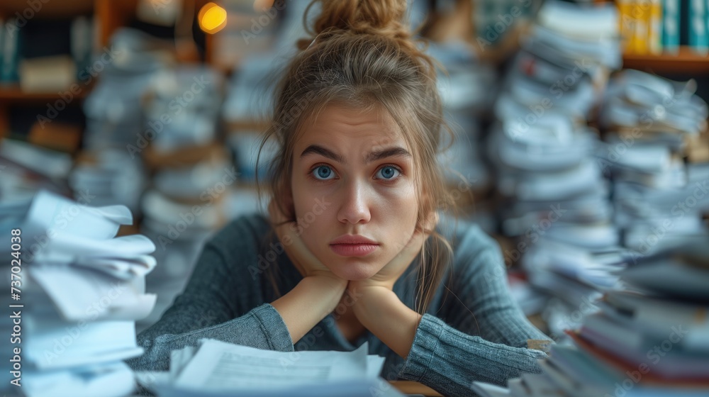 Young woman and tax season with a photo of a person sitting at a cluttered desk surrounded by crumpled papers and a furrowed brow, conveying the pressure of meeting tax deadlines