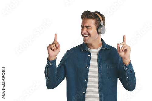 Man, listening and enjoy music with headphones for song, dance and sing with online playlist streaming. Person, audio and sound for entertainment, wellness and happiness with png isolated background photo