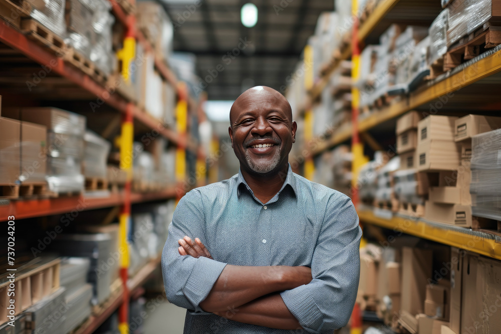 Smiling middle-aged African man in a hardware warehouse, standing with arms folded in the middle of a building materials aisle Smiling middle-aged African man in a hardware warehouse, standing with arms folded in the middle of a building materials aisle