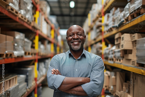 Smiling middle-aged African man in a hardware warehouse, standing with arms folded in the middle of a building materials aisle