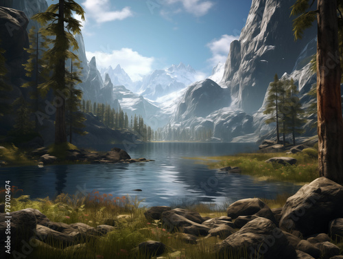 Photorealistic epic nordic landscape. Scenic view of sandinavian nature with pine forest, meadow and mountain lake.