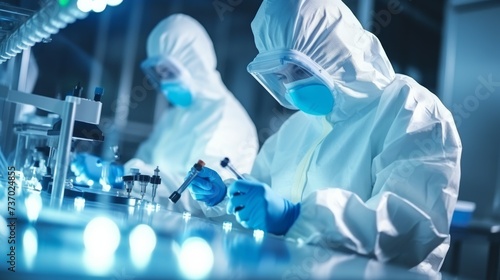 Scientists in protective clothing work with bio and chemical samples in test tubes in a modern laboratory