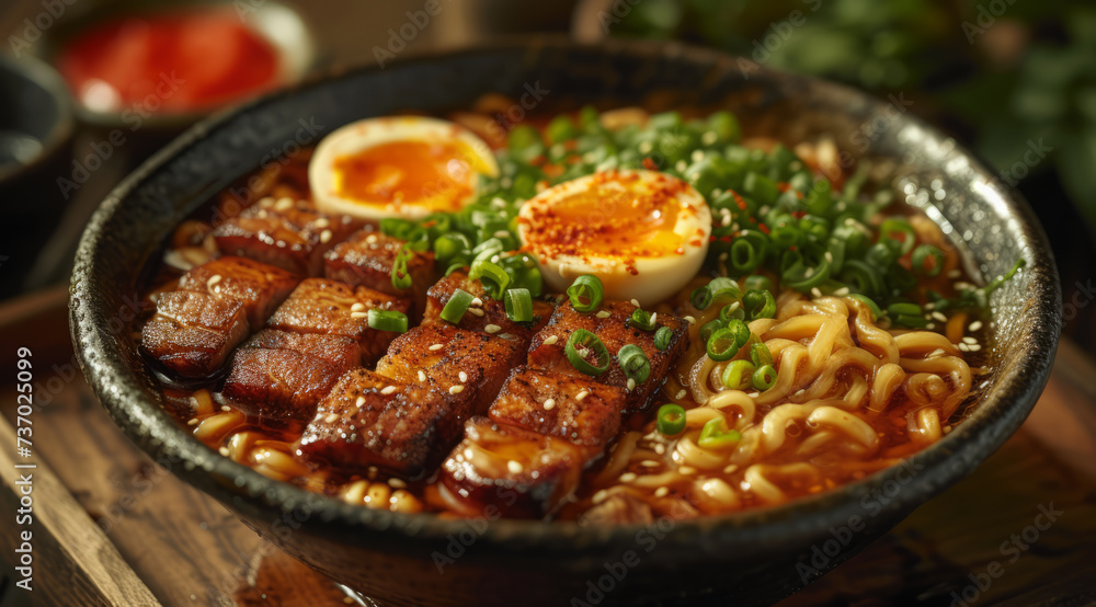 Spicy ramen noodles with pork belly egg and green onions in bowl