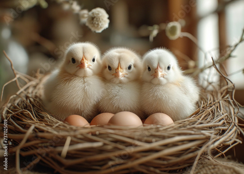 Three little chickens and egg in the nest