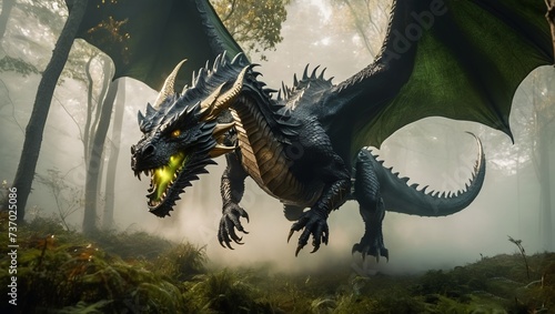a large male black aggressive dragon flying over a foggy lush green forest photo